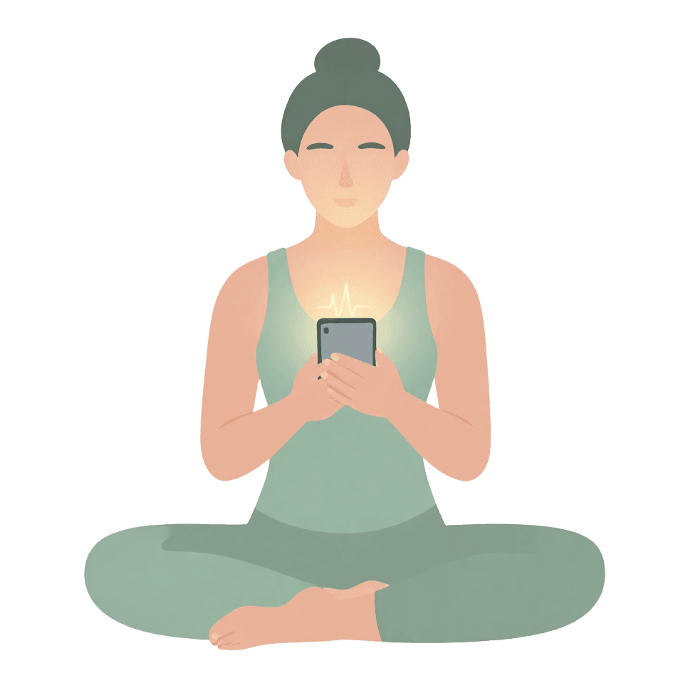 Person meditating with phone showing a pulse waveform